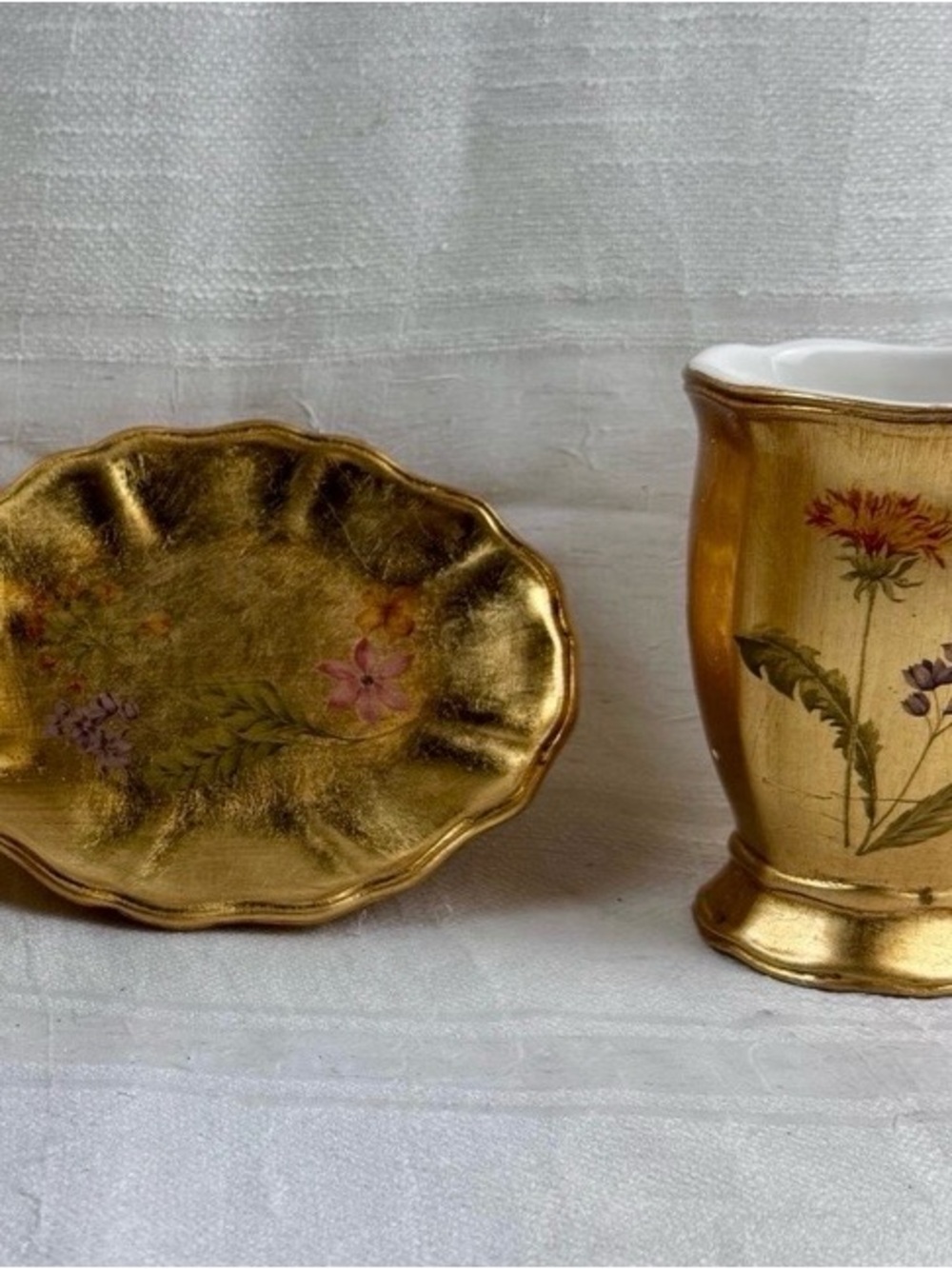 Croscill Gold Floral Porcelain Vanity Set - Gold with Pink & Purple Accents